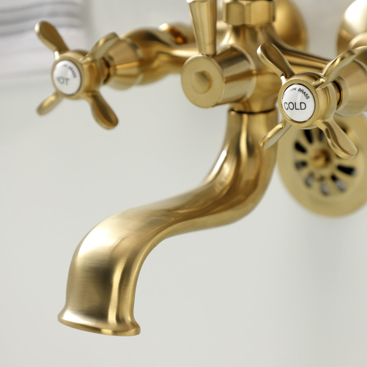 Essex KS245SB Three-Handle 2-Hole Tub Wall Mount Clawfoot Tub Faucet with Handshower, Brushed Brass