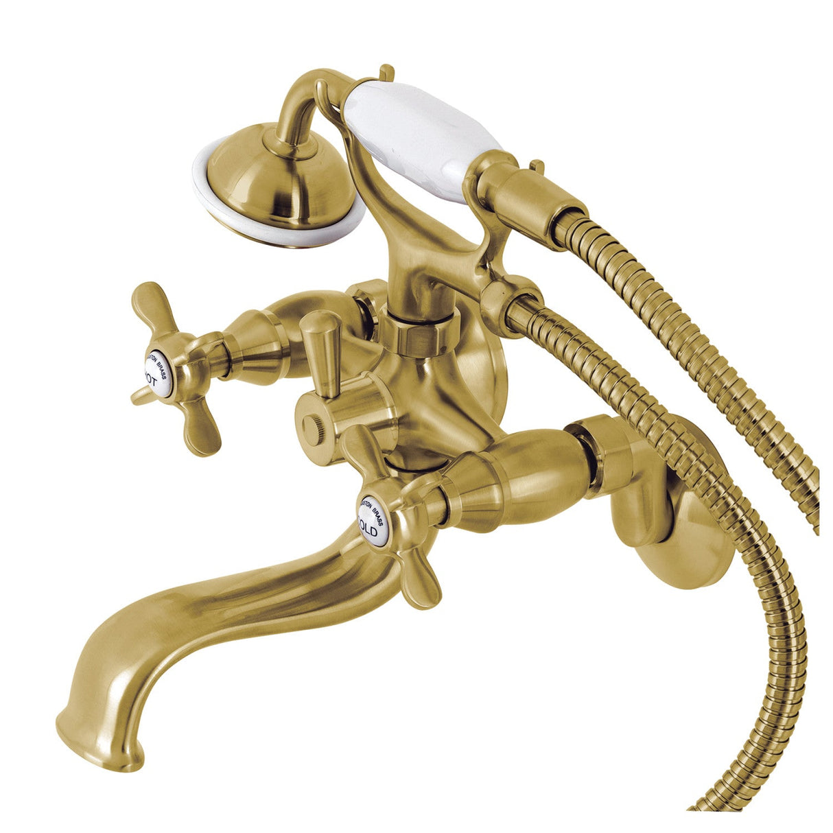 Essex KS245SB Three-Handle 2-Hole Tub Wall Mount Clawfoot Tub Faucet with Handshower, Brushed Brass