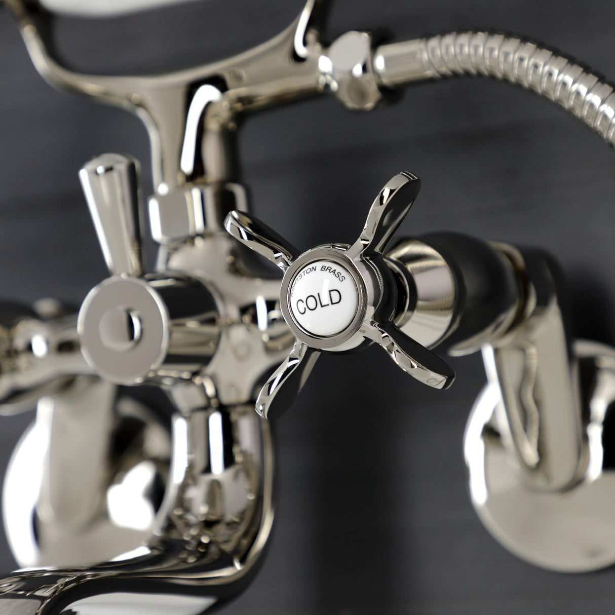 Essex KS246PN Three-Handle 2-Hole Wall Mount Clawfoot Tub Faucet with Handshower, Polished Nickel