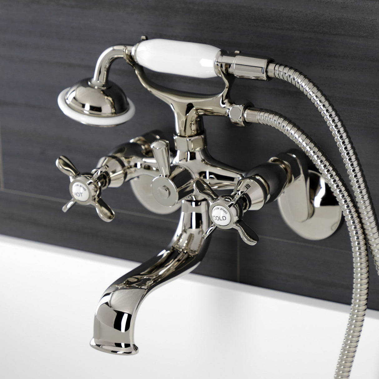 Essex KS246PN Three-Handle 2-Hole Wall Mount Clawfoot Tub Faucet with Handshower, Polished Nickel