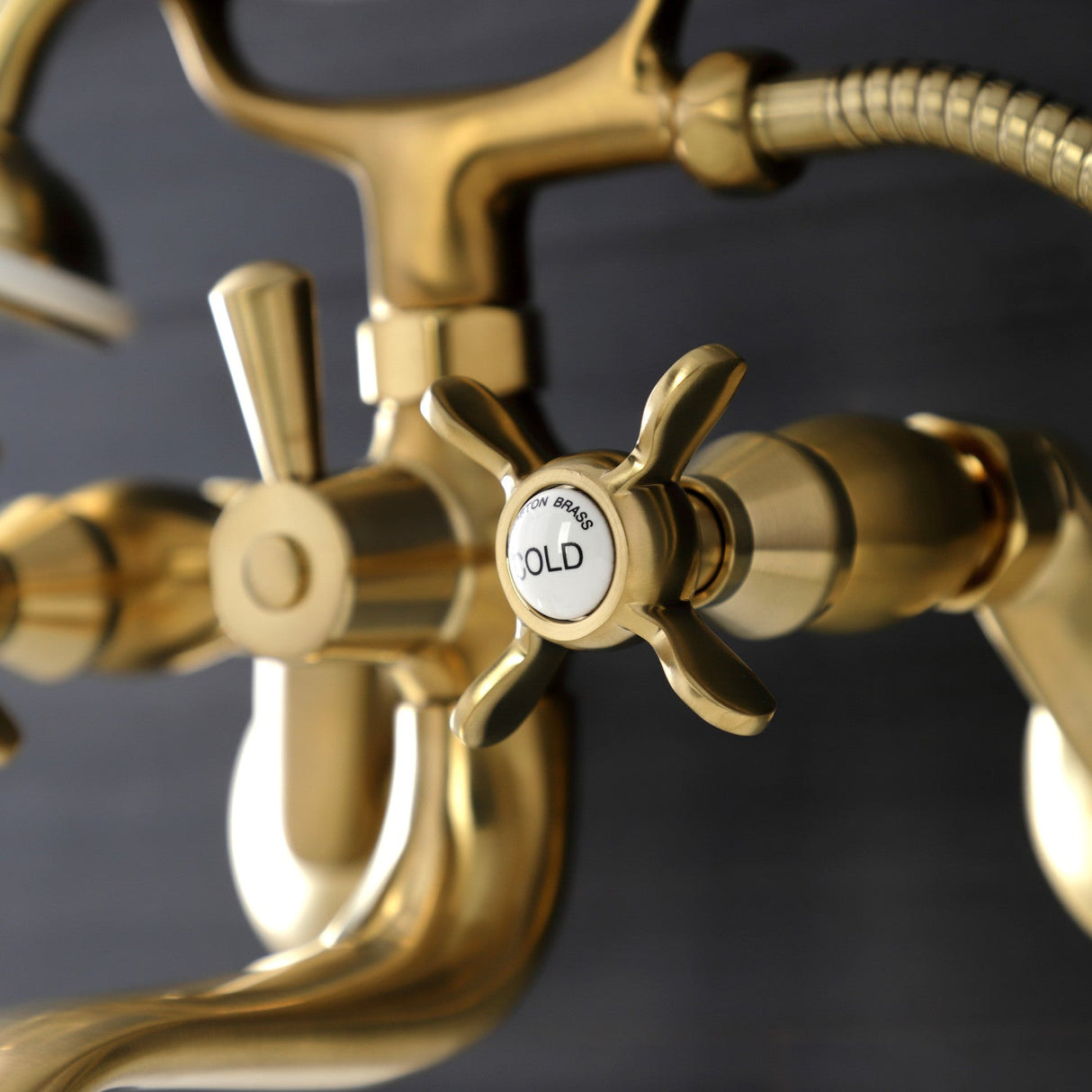 Essex KS246SB Three-Handle 2-Hole Wall Mount Clawfoot Tub Faucet with Handshower, Brushed Brass