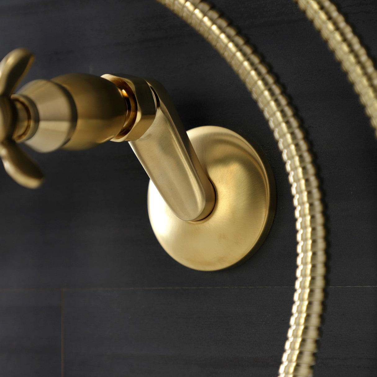 Essex KS246SB Three-Handle 2-Hole Wall Mount Clawfoot Tub Faucet with Handshower, Brushed Brass