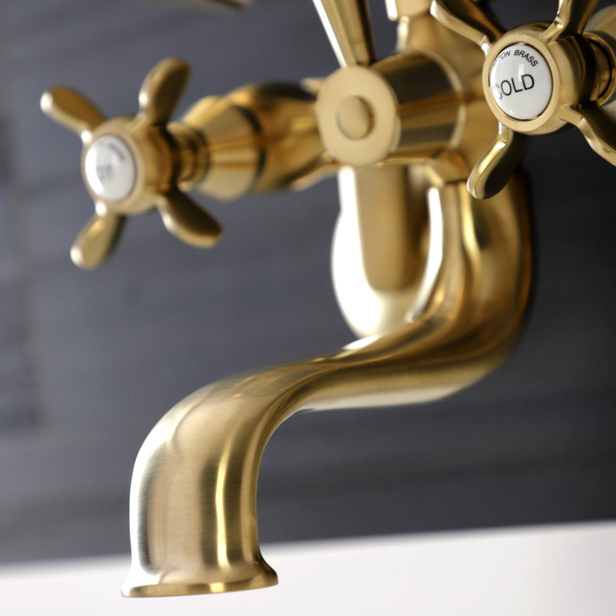 Essex KS246SB Three-Handle 2-Hole Wall Mount Clawfoot Tub Faucet with Handshower, Brushed Brass