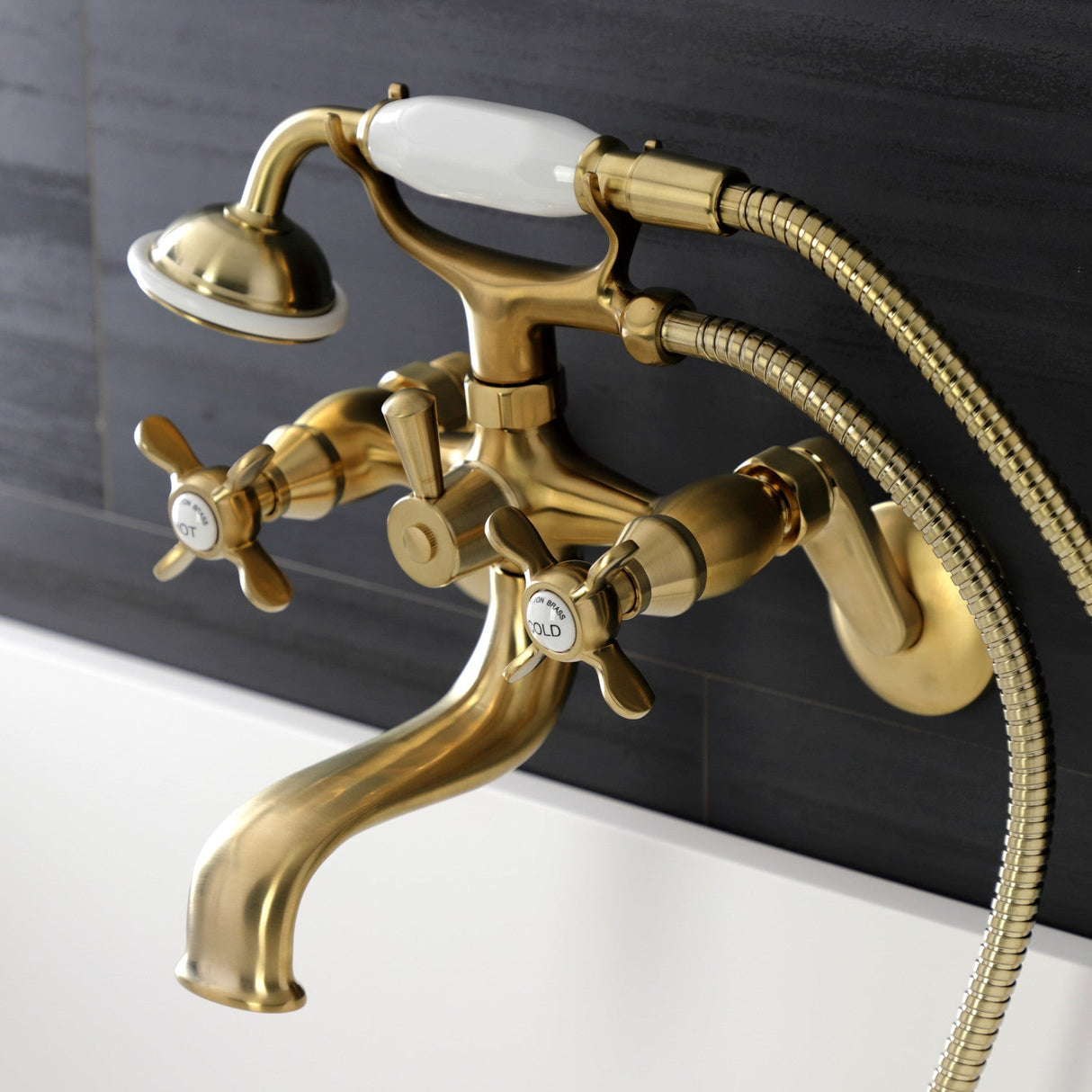 Essex KS246SB Three-Handle 2-Hole Wall Mount Clawfoot Tub Faucet with Handshower, Brushed Brass