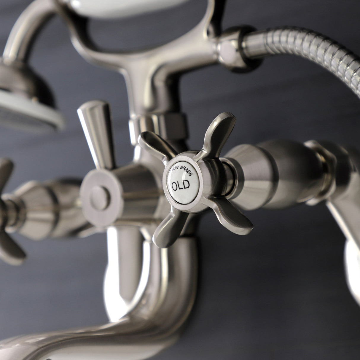 Essex KS246SN Three-Handle 2-Hole Wall Mount Clawfoot Tub Faucet with Handshower, Brushed Nickel