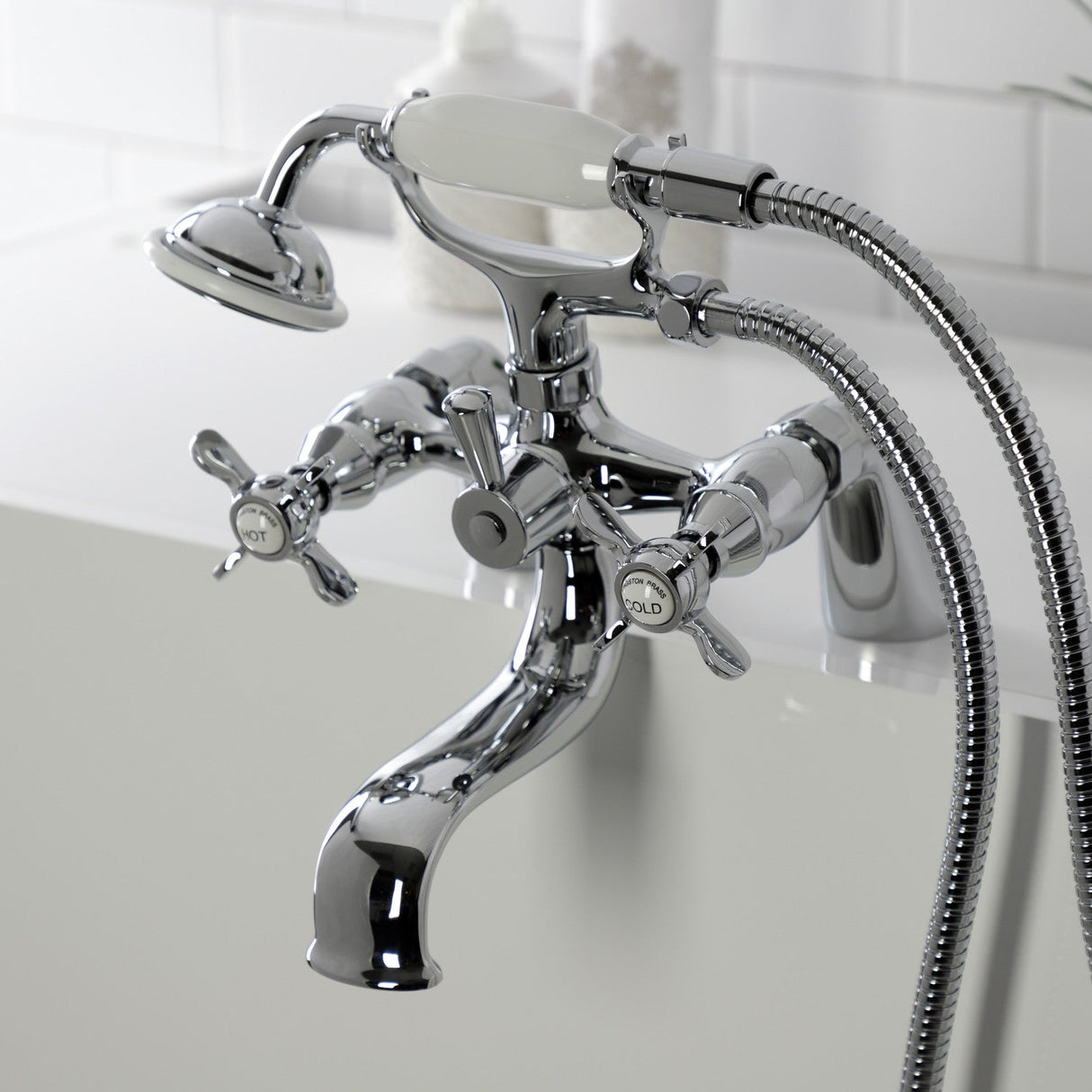 Essex KS247C Three-Handle 2-Hole Deck Mount Clawfoot Tub Faucet with Handshower, Polished Chrome