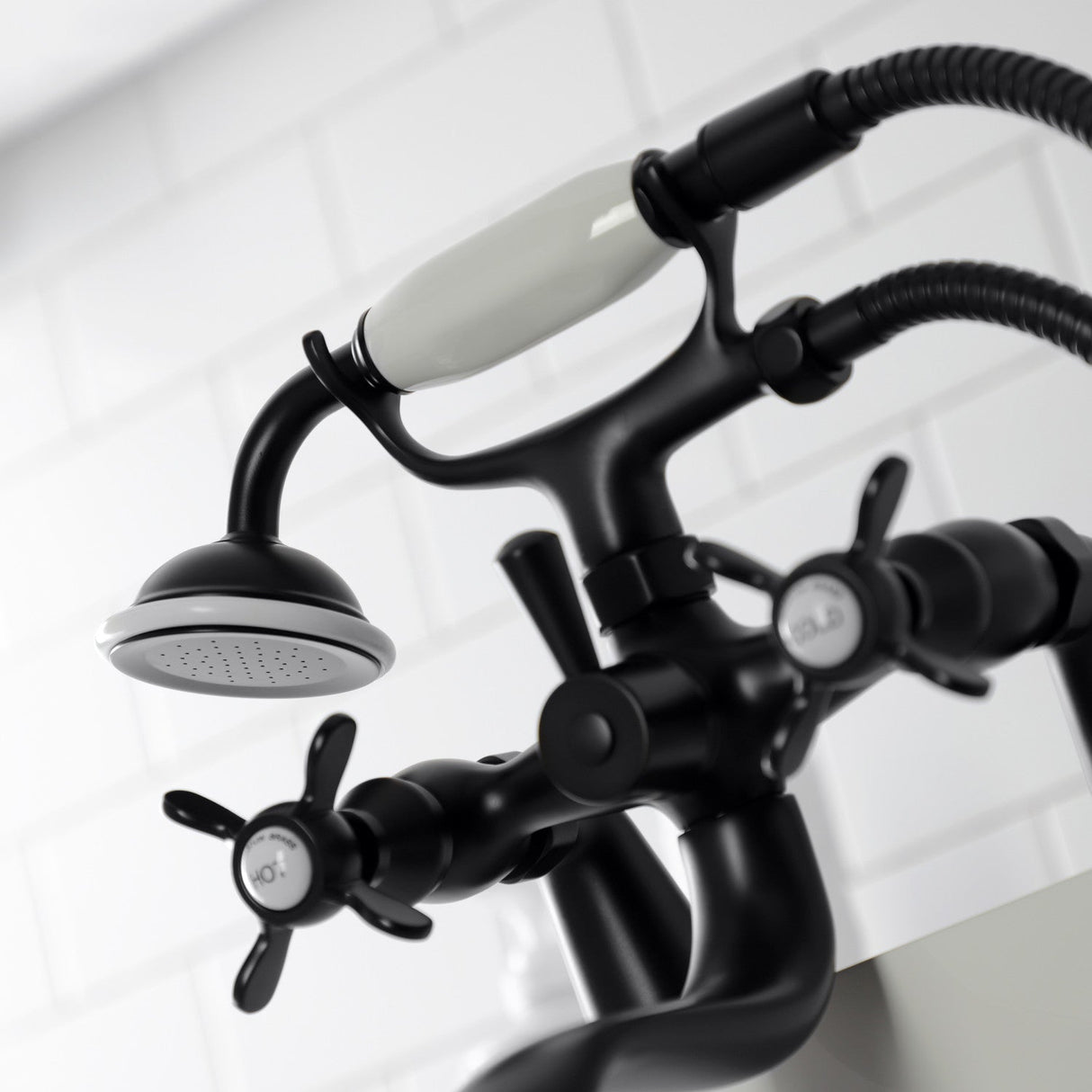 Essex KS247MB Three-Handle 2-Hole Deck Mount Clawfoot Tub Faucet with Handshower, Matte Black