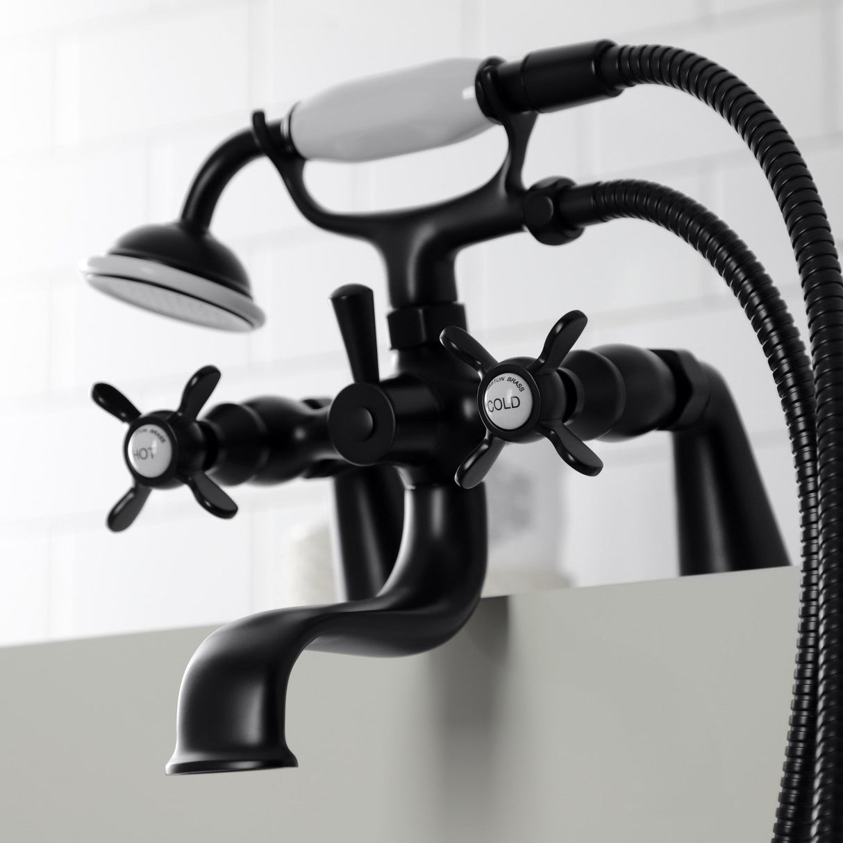Essex KS247MB Three-Handle 2-Hole Deck Mount Clawfoot Tub Faucet with Handshower, Matte Black