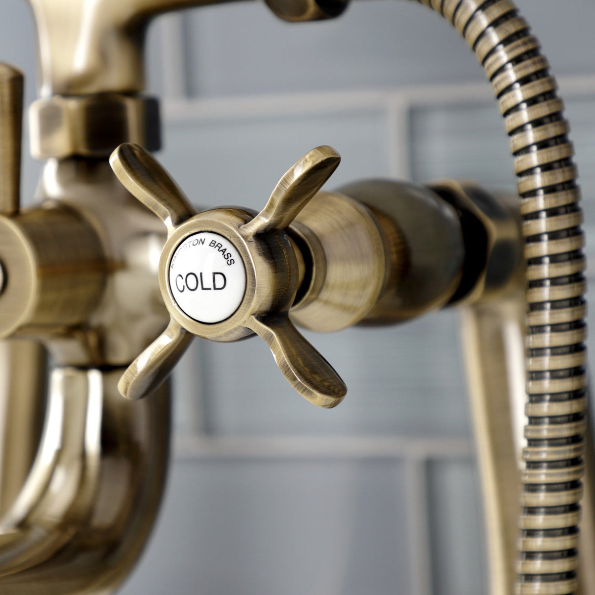 Essex KS248AB Three-Handle 2-Hole Deck Mount Clawfoot Tub Faucet with Handshower, Antique Brass