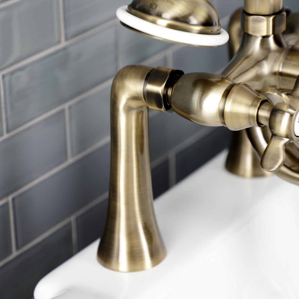 Essex KS248AB Three-Handle 2-Hole Deck Mount Clawfoot Tub Faucet with Handshower, Antique Brass