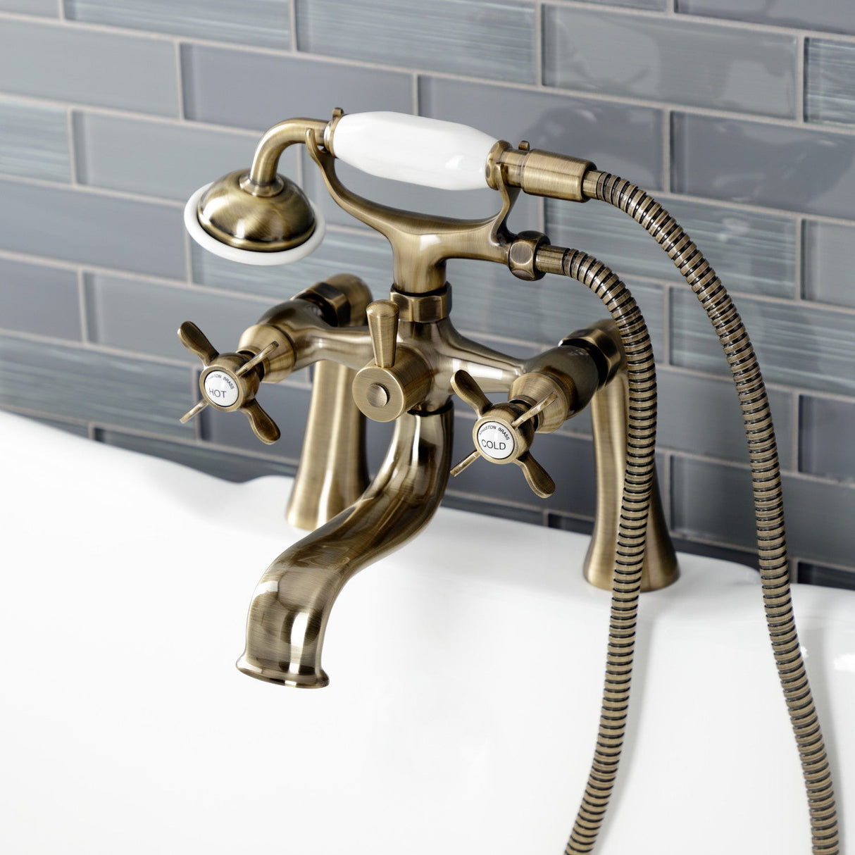 Essex KS248AB Three-Handle 2-Hole Deck Mount Clawfoot Tub Faucet with Handshower, Antique Brass