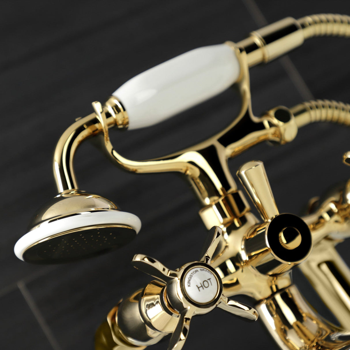 Essex KS248PB Three-Handle 2-Hole Deck Mount Clawfoot Tub Faucet with Handshower, Polished Brass