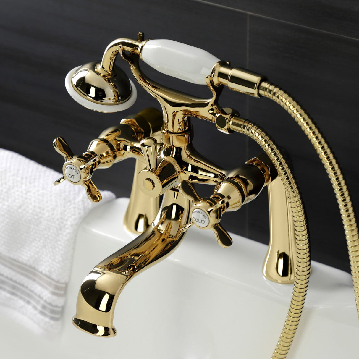 Essex KS248PB Three-Handle 2-Hole Deck Mount Clawfoot Tub Faucet with Handshower, Polished Brass