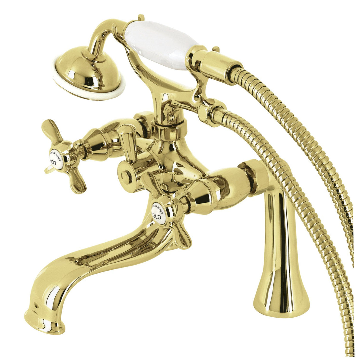 Essex KS248PB Three-Handle 2-Hole Deck Mount Clawfoot Tub Faucet with Handshower, Polished Brass