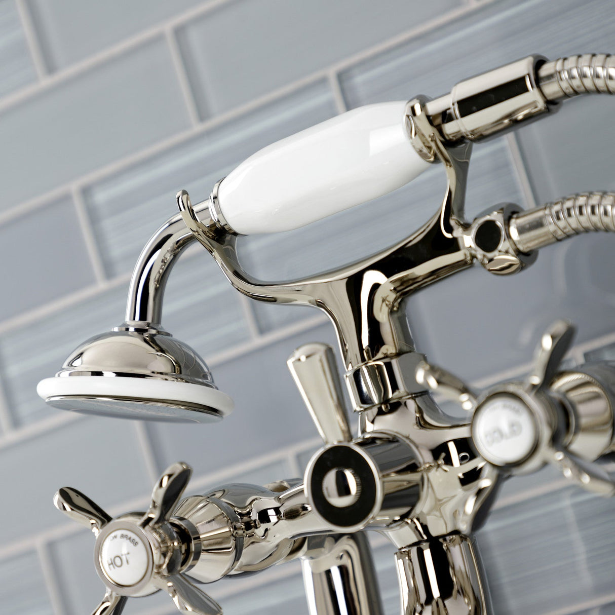 Essex KS248PN Three-Handle 2-Hole Deck Mount Clawfoot Tub Faucet with Handshower, Polished Nickel