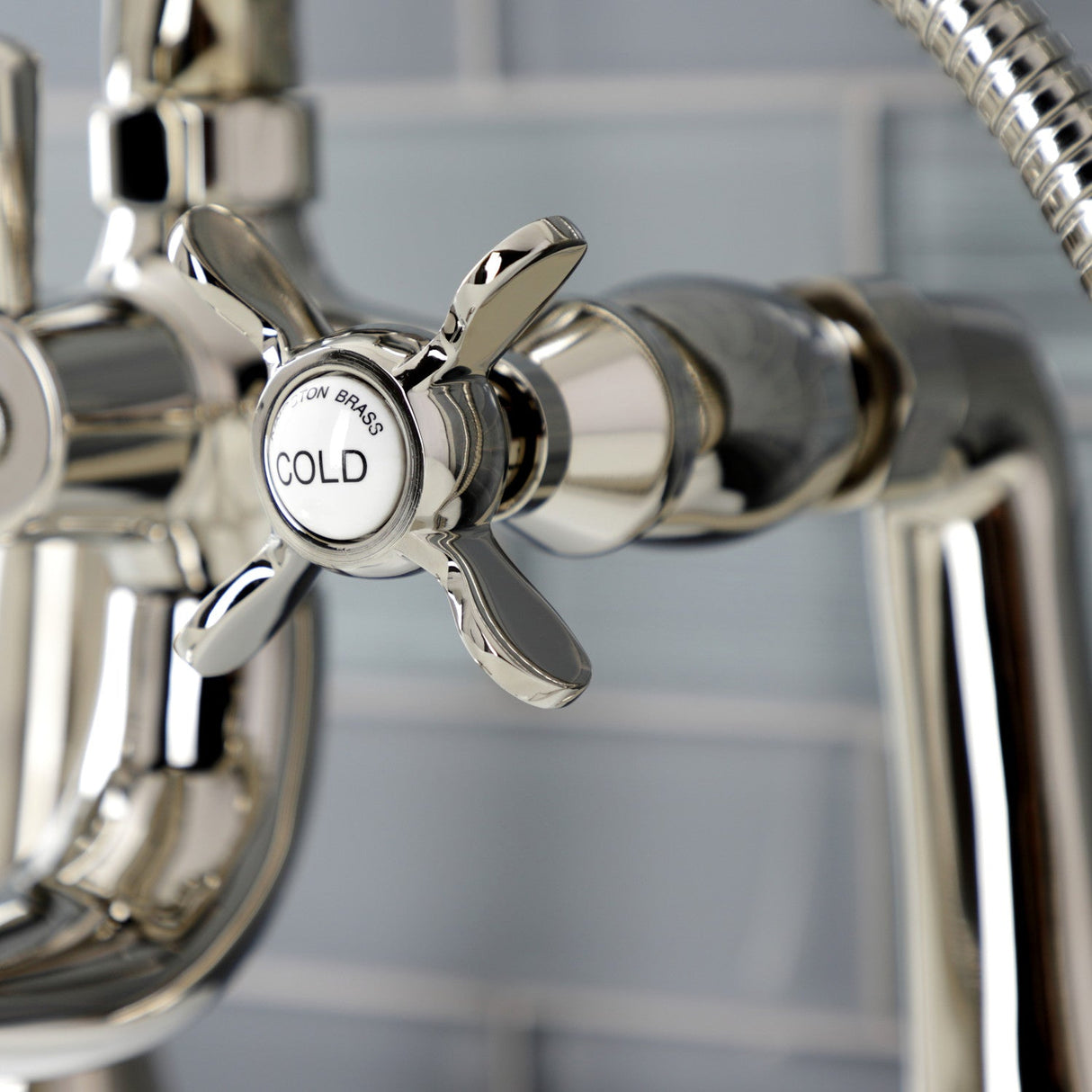 Essex KS248PN Three-Handle 2-Hole Deck Mount Clawfoot Tub Faucet with Handshower, Polished Nickel