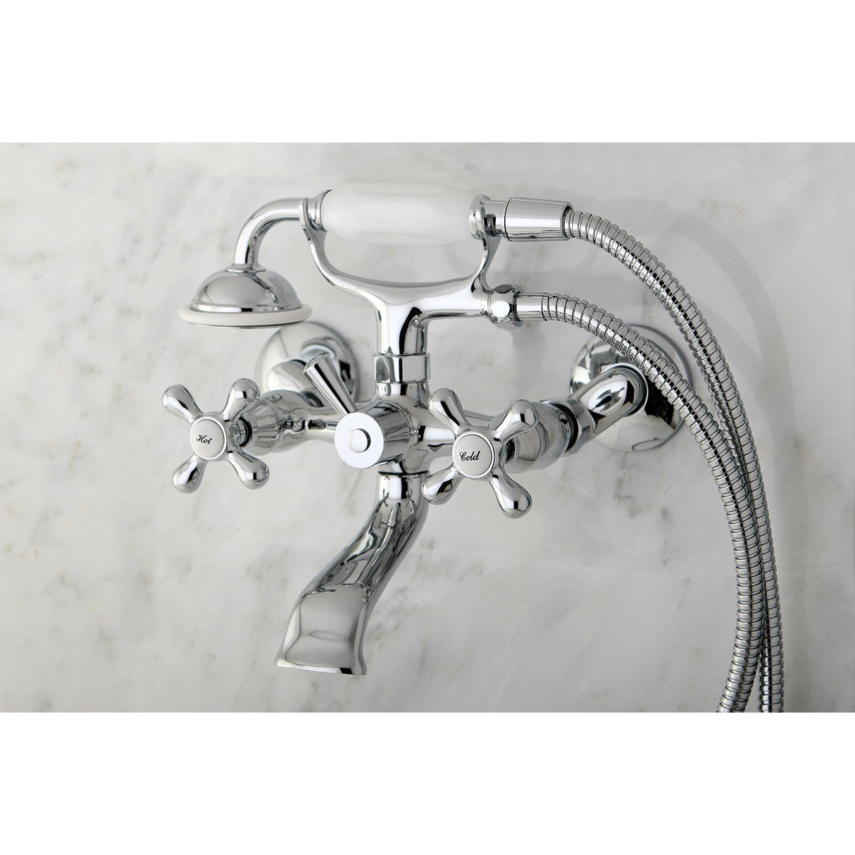 Kingston KS265C Three-Handle 2-Hole Tub Wall Mount Clawfoot Tub Faucet with Hand Shower, Polished Chrome