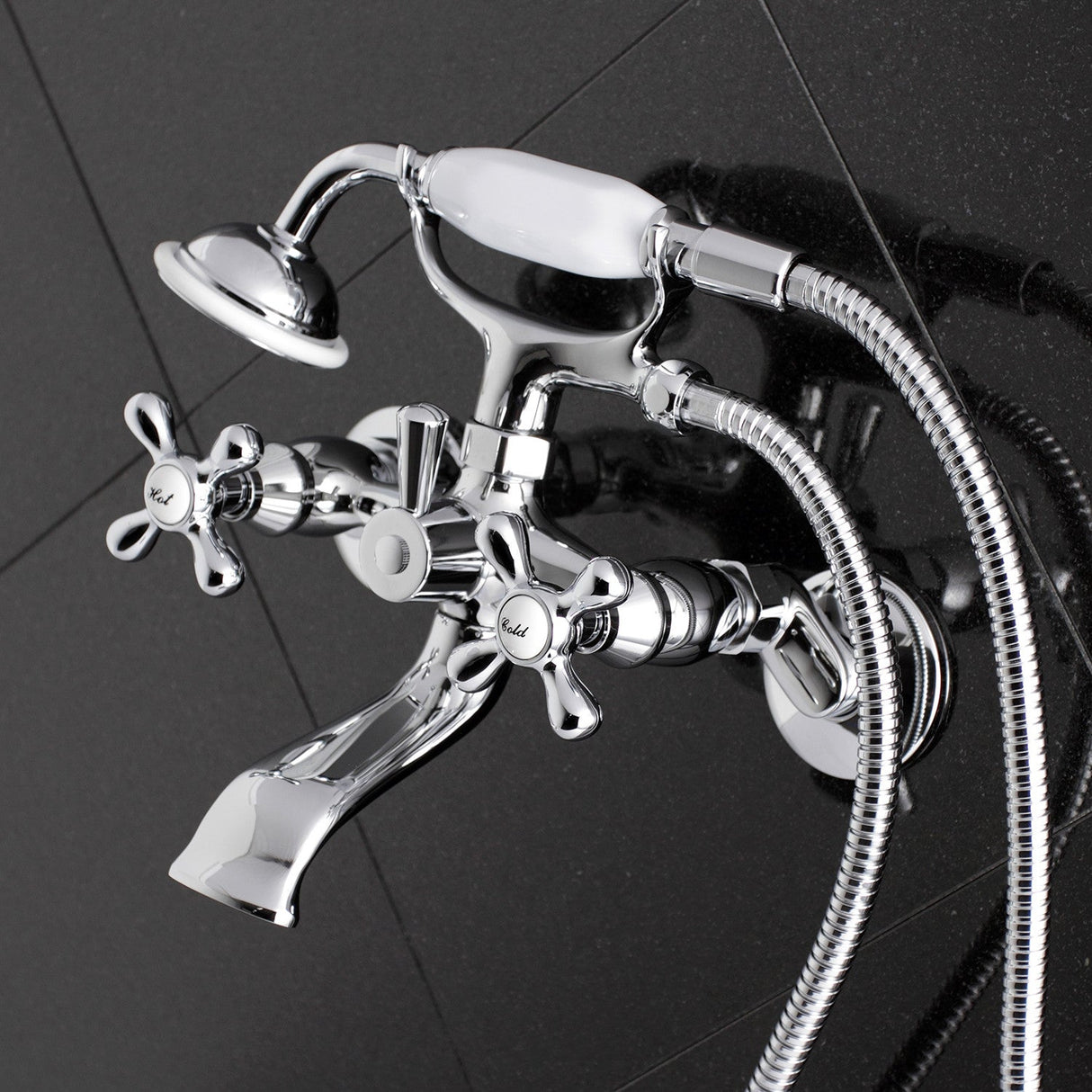 Kingston KS265C Three-Handle 2-Hole Tub Wall Mount Clawfoot Tub Faucet with Hand Shower, Polished Chrome