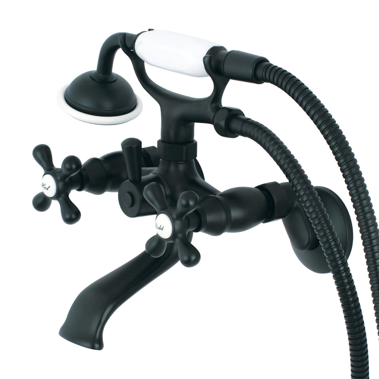 Kingston KS265MB Three-Handle 2-Hole Tub Wall Mount Clawfoot Tub Faucet with Hand Shower, Matte Black