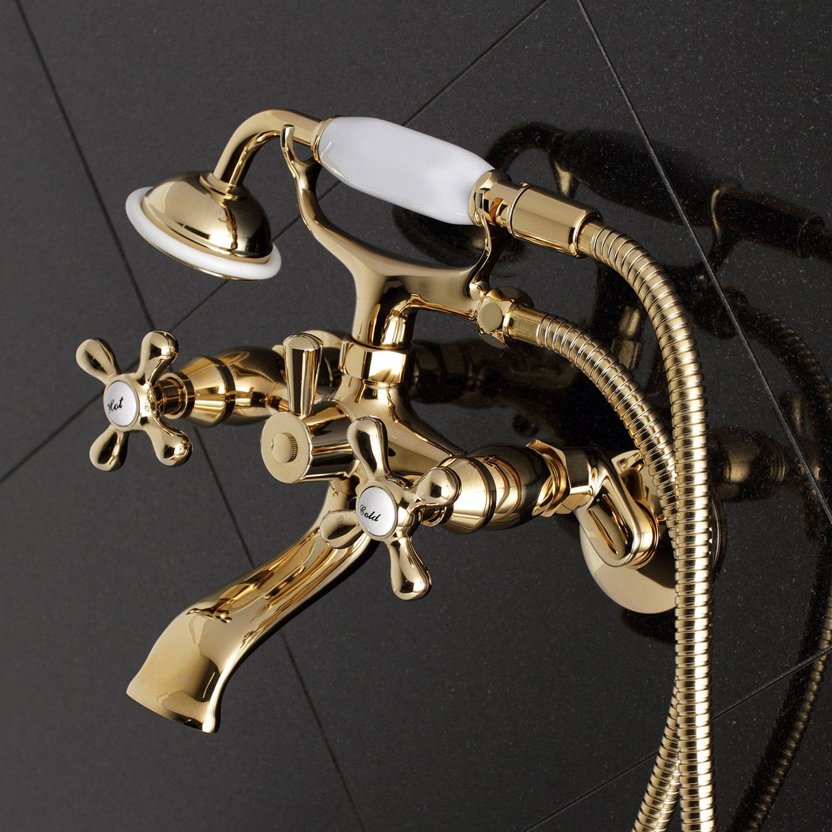 Kingston KS265PB Three-Handle 2-Hole Tub Wall Mount Clawfoot Tub Faucet with Hand Shower, Polished Brass