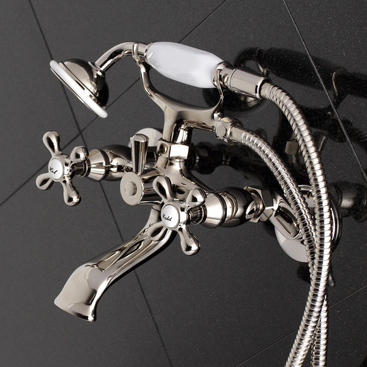 Kingston KS265PN Three-Handle 2-Hole Tub Wall Mount Clawfoot Tub Faucet with Hand Shower, Polished Nickel