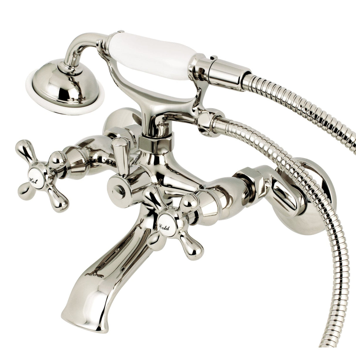 Kingston KS265PN Three-Handle 2-Hole Tub Wall Mount Clawfoot Tub Faucet with Hand Shower, Polished Nickel