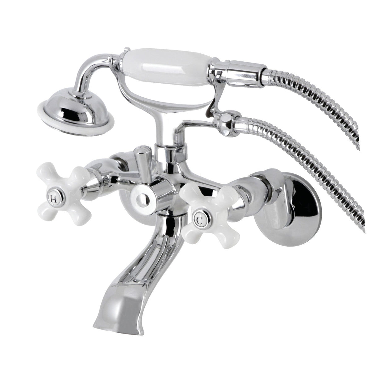 Kingston KS265PXC Three-Handle 2-Hole Tub Wall Mount Clawfoot Tub Faucet with Hand Shower, Polished Chrome