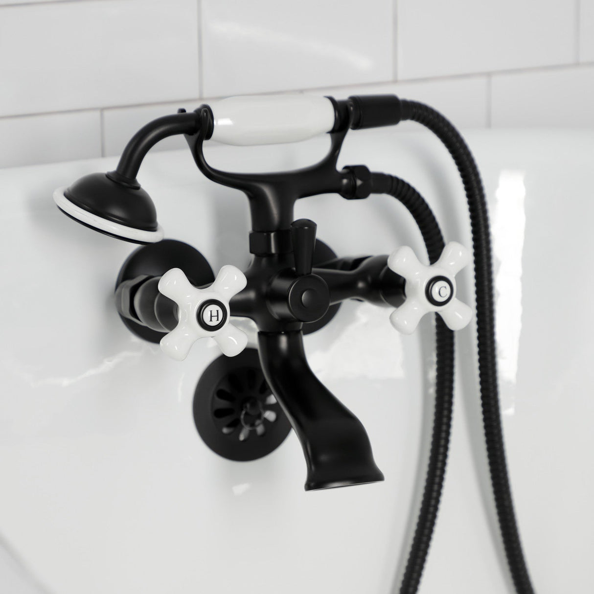Kingston KS265PXMB Three-Handle 2-Hole Tub Wall Mount Clawfoot Tub Faucet with Hand Shower, Matte Black