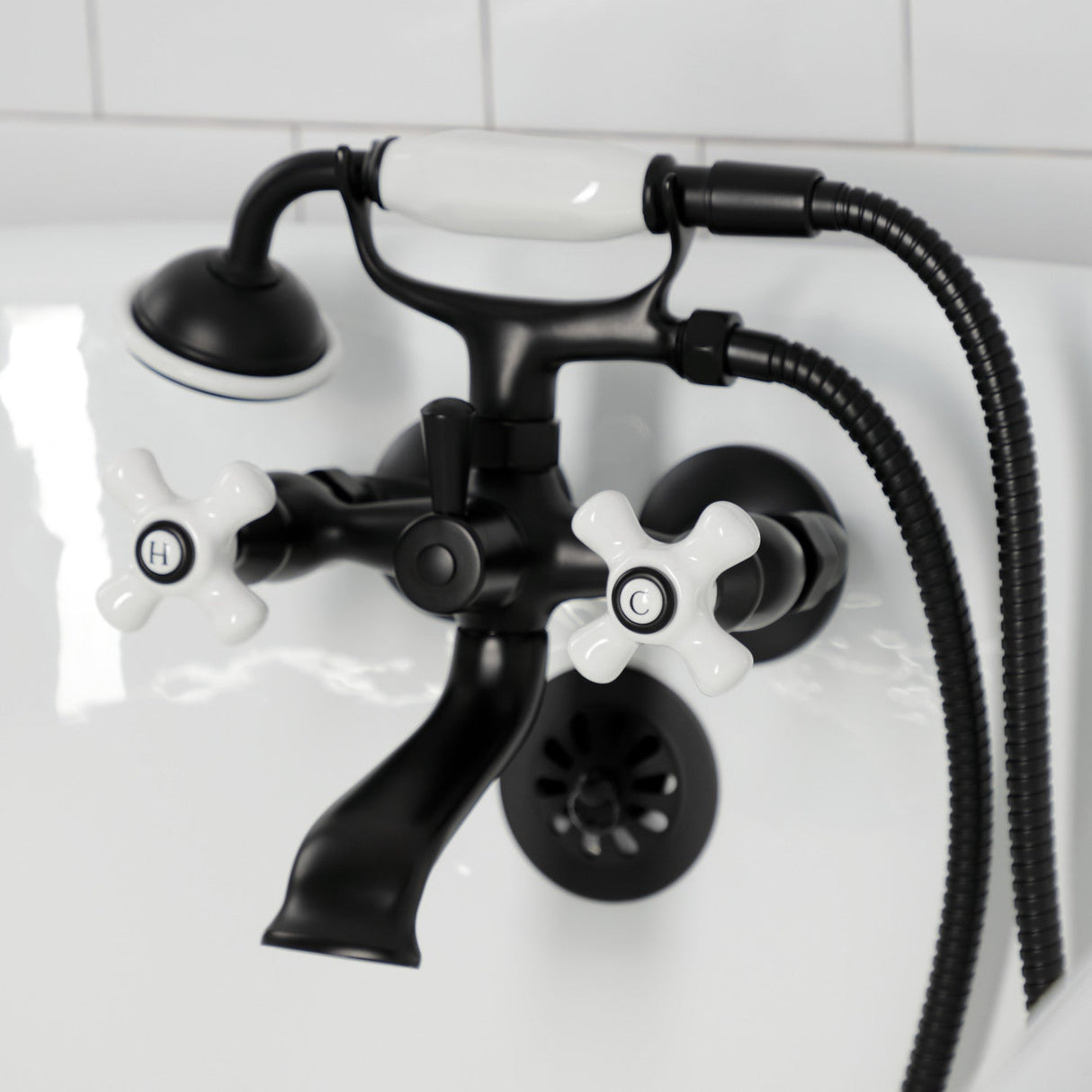 Kingston KS265PXMB Three-Handle 2-Hole Tub Wall Mount Clawfoot Tub Faucet with Hand Shower, Matte Black