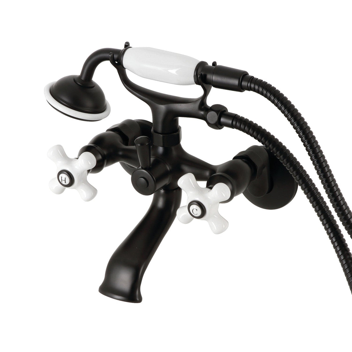 Kingston KS265PXMB Three-Handle 2-Hole Tub Wall Mount Clawfoot Tub Faucet with Hand Shower, Matte Black