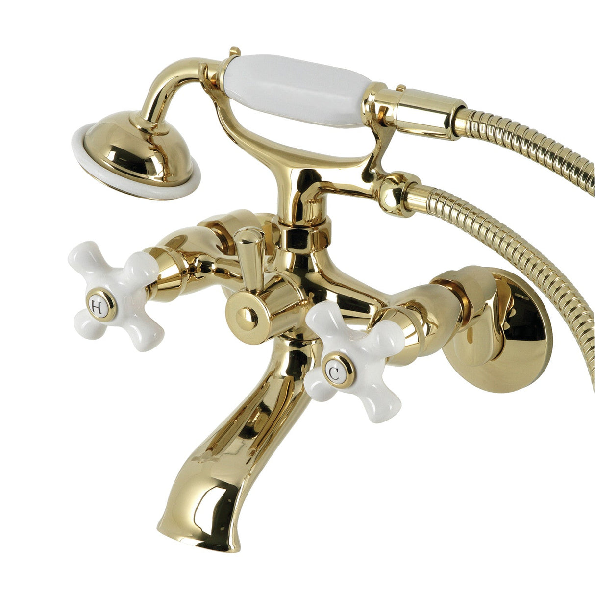Kingston KS265PXPB Three-Handle 2-Hole Tub Wall Mount Clawfoot Tub Faucet with Hand Shower, Polished Brass