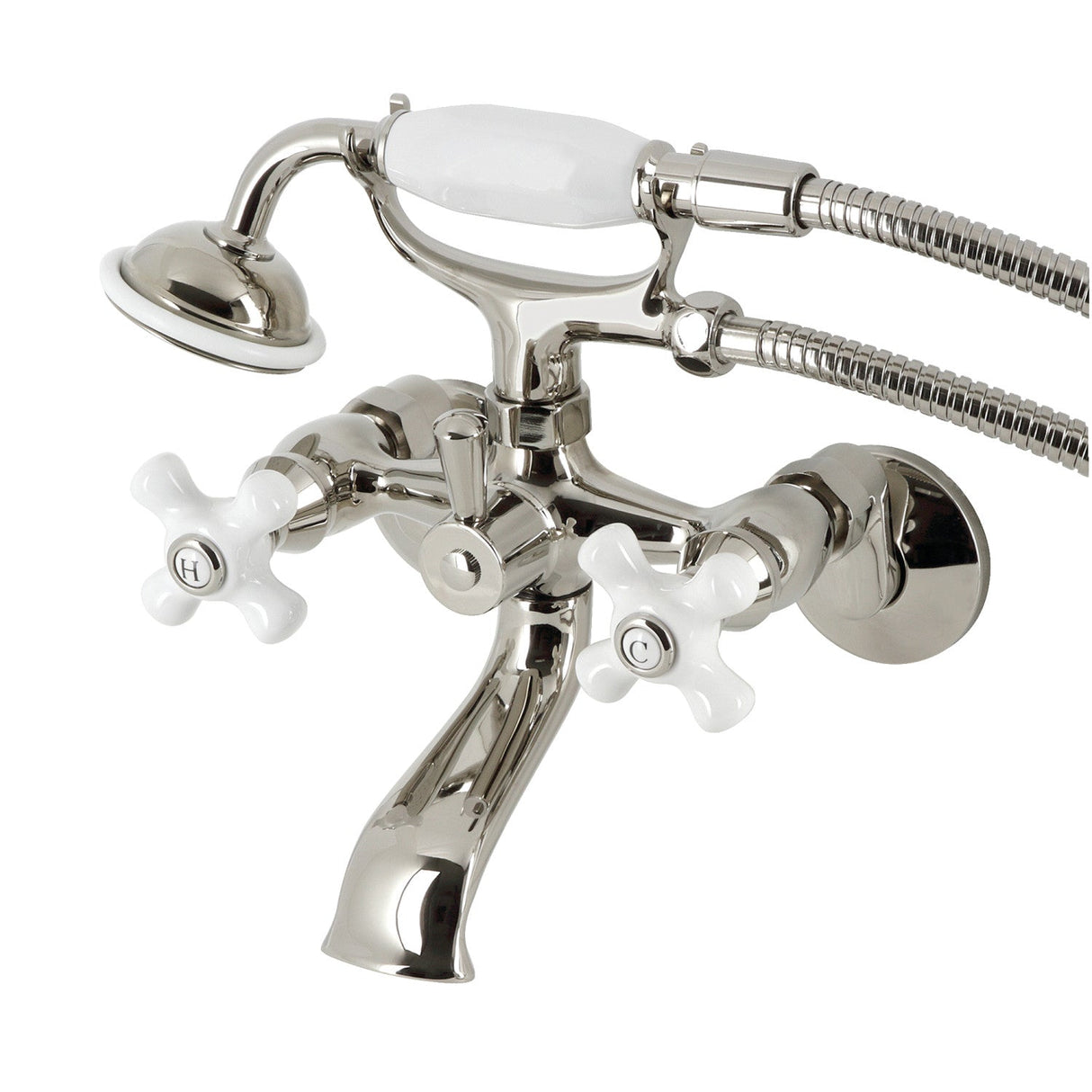 Kingston KS265PXPN Three-Handle 2-Hole Tub Wall Mount Clawfoot Tub Faucet with Hand Shower, Polished Nickel