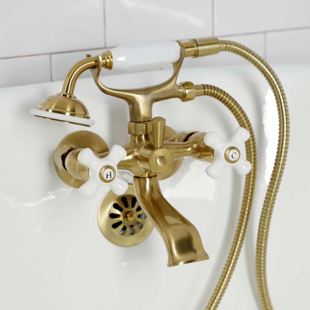 Kingston KS265PXSB Three-Handle 2-Hole Tub Wall Mount Clawfoot Tub Faucet with Hand Shower, Brushed Brass