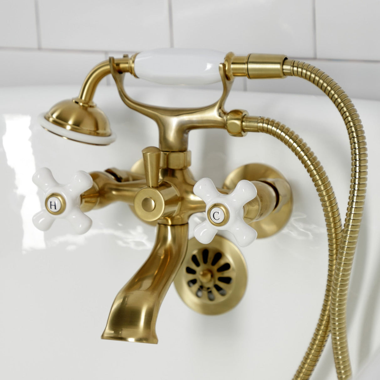 Kingston KS265PXSB Three-Handle 2-Hole Tub Wall Mount Clawfoot Tub Faucet with Hand Shower, Brushed Brass