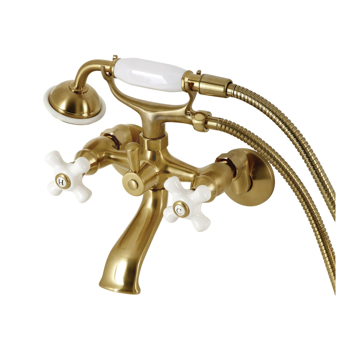 Kingston KS265PXSB Three-Handle 2-Hole Tub Wall Mount Clawfoot Tub Faucet with Hand Shower, Brushed Brass
