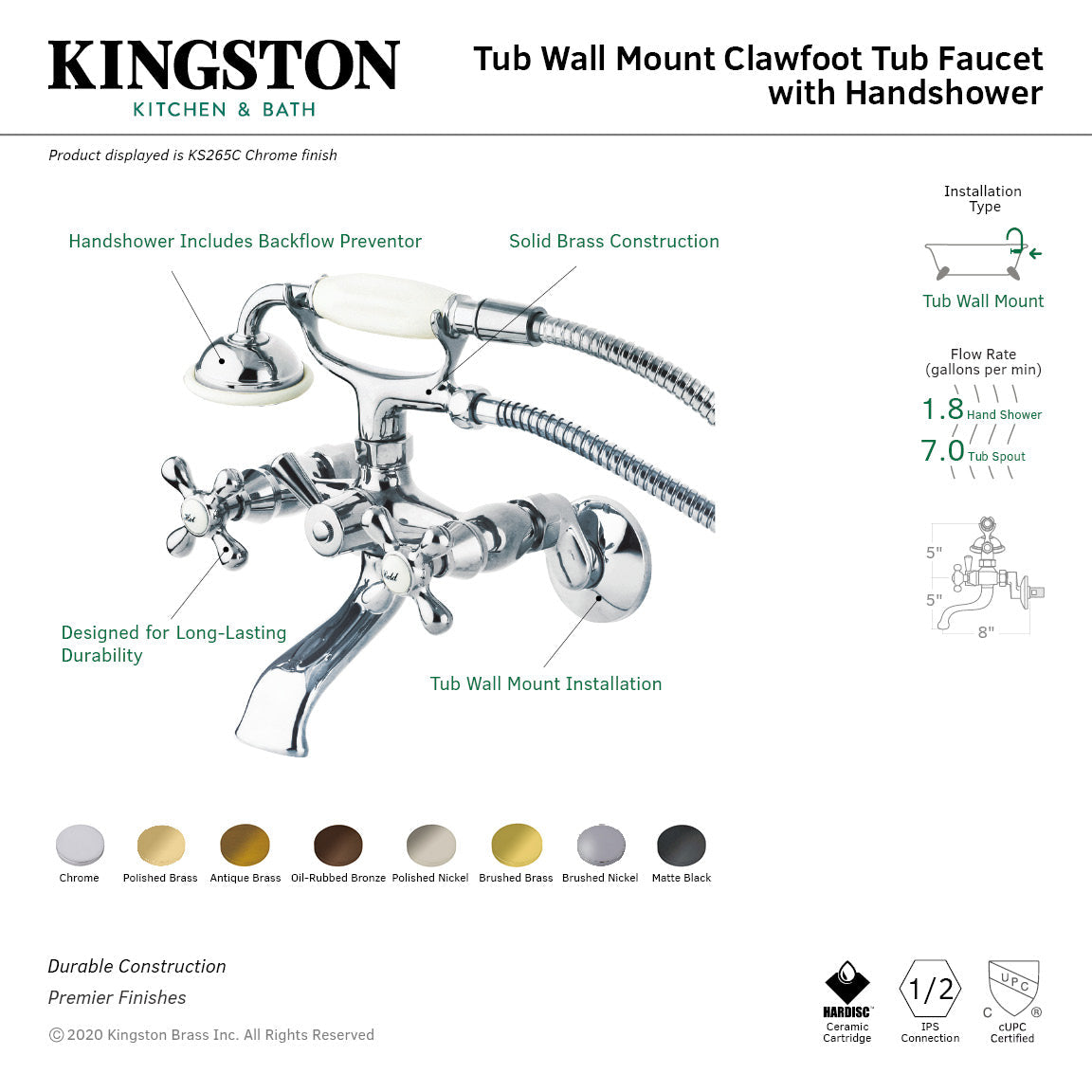 Kingston KS265SB Three-Handle 2-Hole Tub Wall Mount Clawfoot Tub Faucet with Hand Shower, Brushed Brass