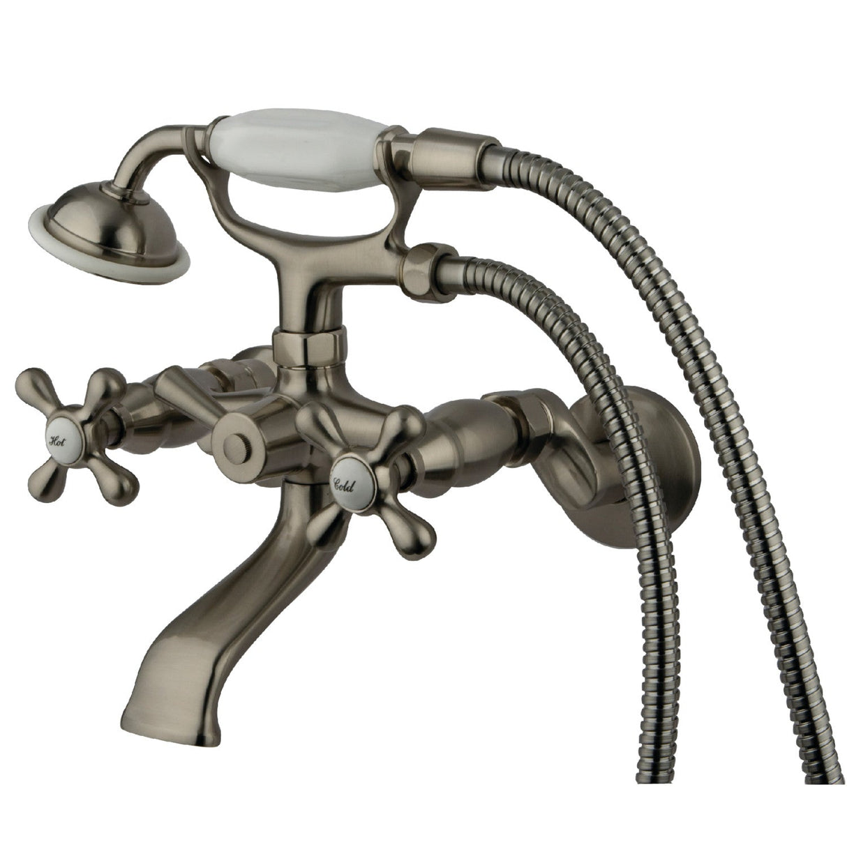 Kingston KS265SN Three-Handle 2-Hole Tub Wall Mount Clawfoot Tub Faucet with Hand Shower, Brushed Nickel