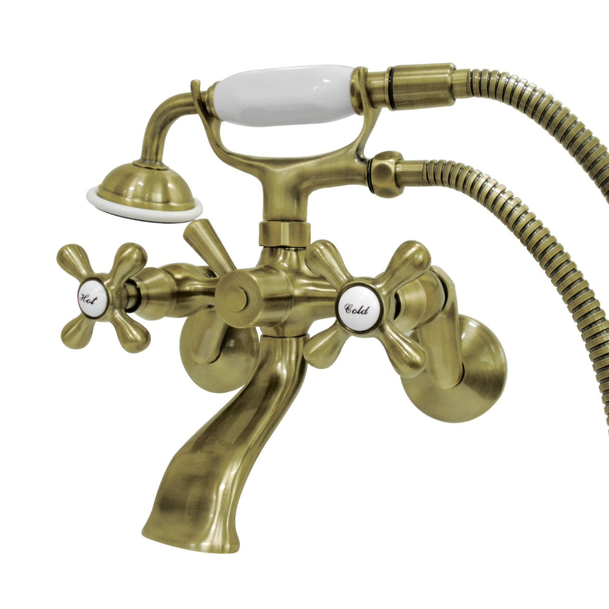 Kingston KS266AB Two-Handle 2-Hole Wall Mount Clawfoot Tub Faucet with Hand Shower, Antique Brass