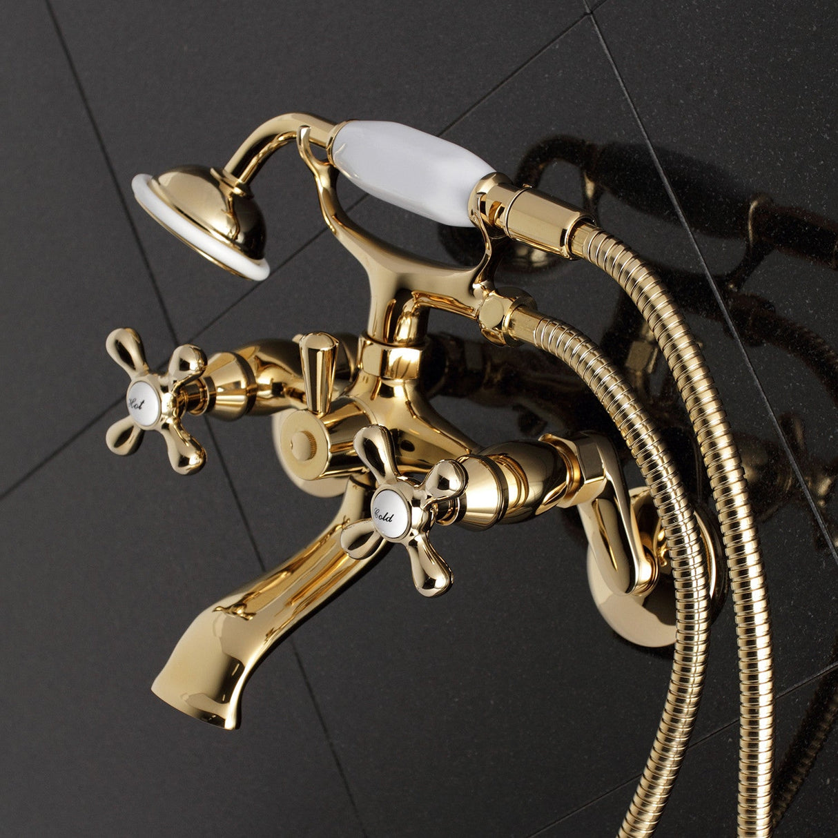 Kingston KS266PB Two-Handle 2-Hole Wall Mount Clawfoot Tub Faucet with Hand Shower, Polished Brass