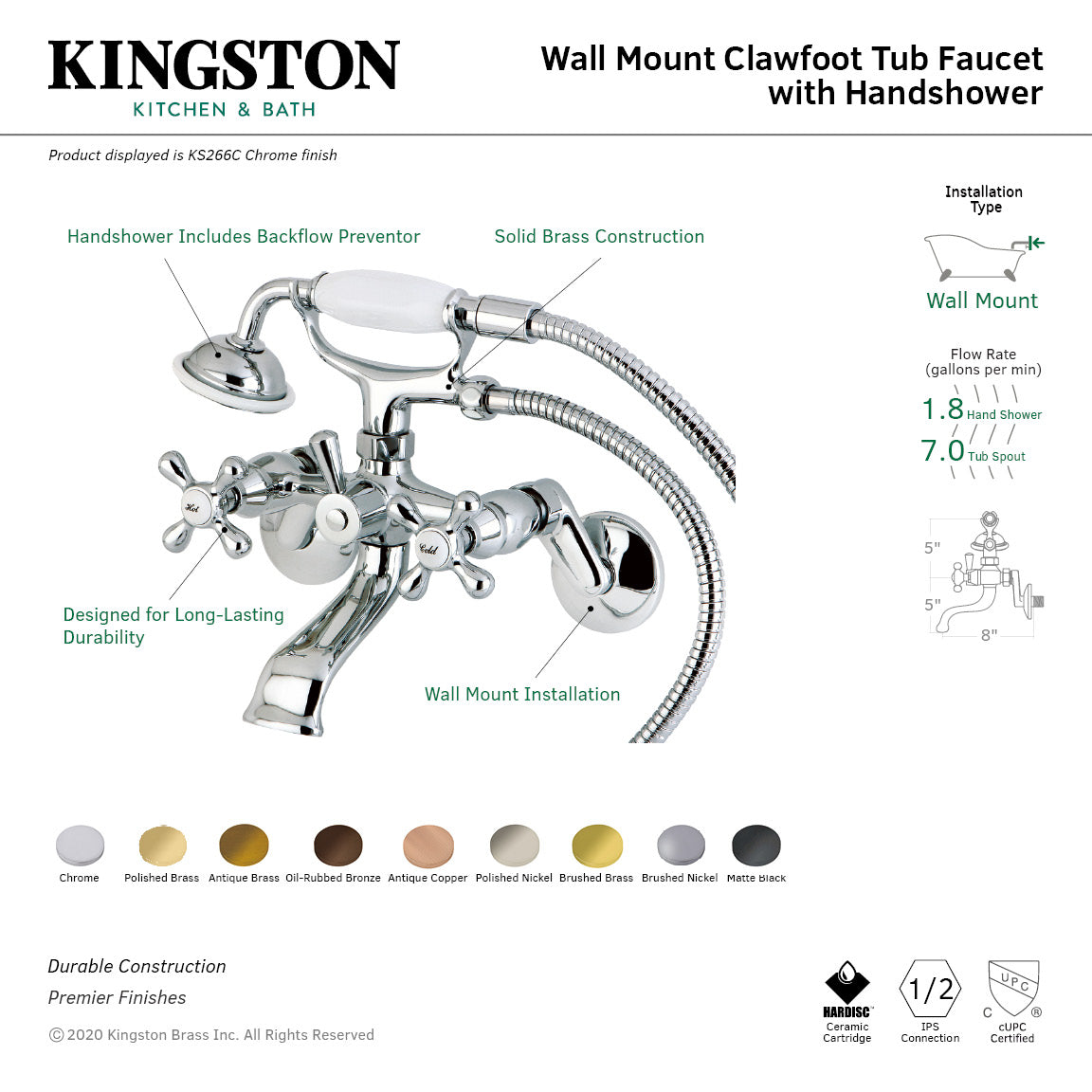 Kingston KS266PN Two-Handle 2-Hole Wall Mount Clawfoot Tub Faucet with Hand Shower, Polished Nickel
