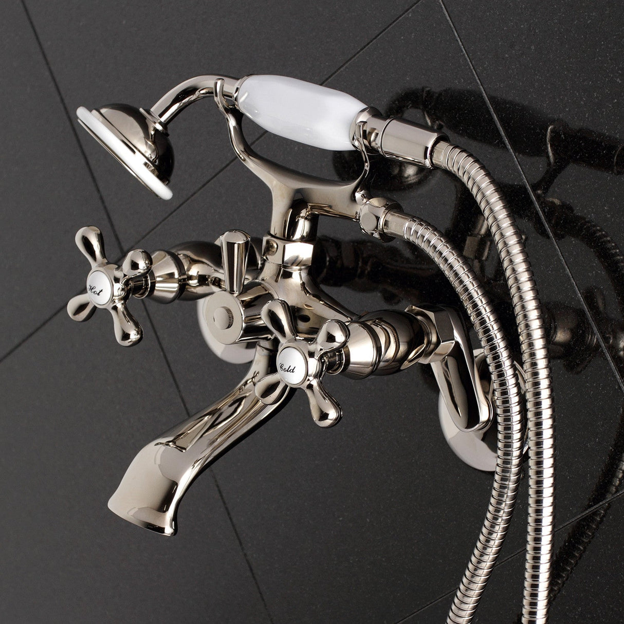 Kingston KS266PN Two-Handle 2-Hole Wall Mount Clawfoot Tub Faucet with Hand Shower, Polished Nickel