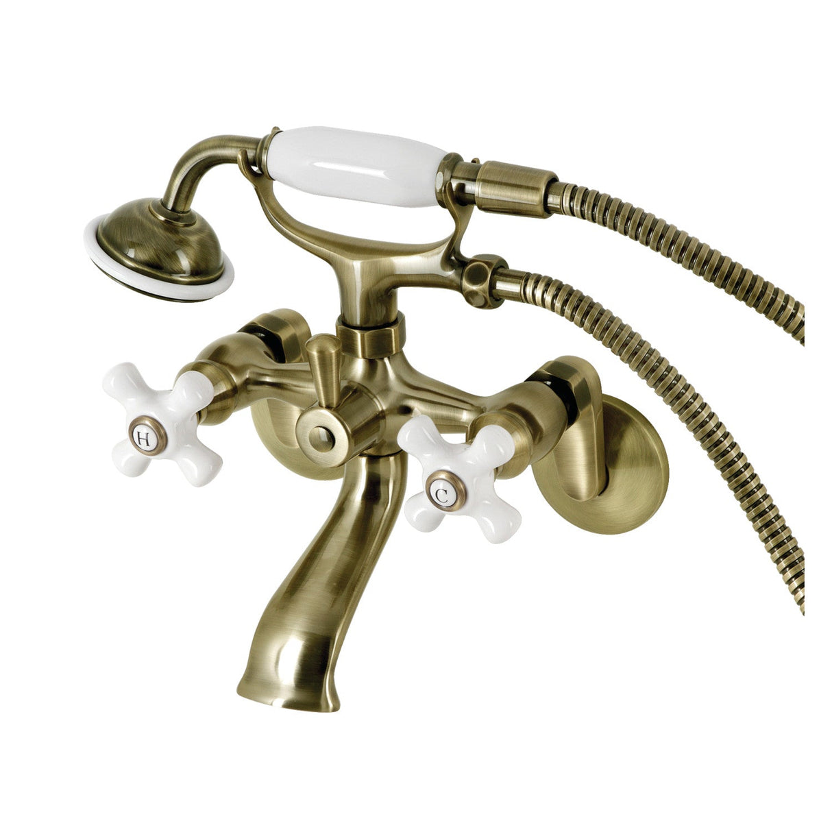 Kingston KS266PXAB Three-Handle 2-Hole Wall Mount Clawfoot Tub Faucet with Hand Shower, Antique Brass
