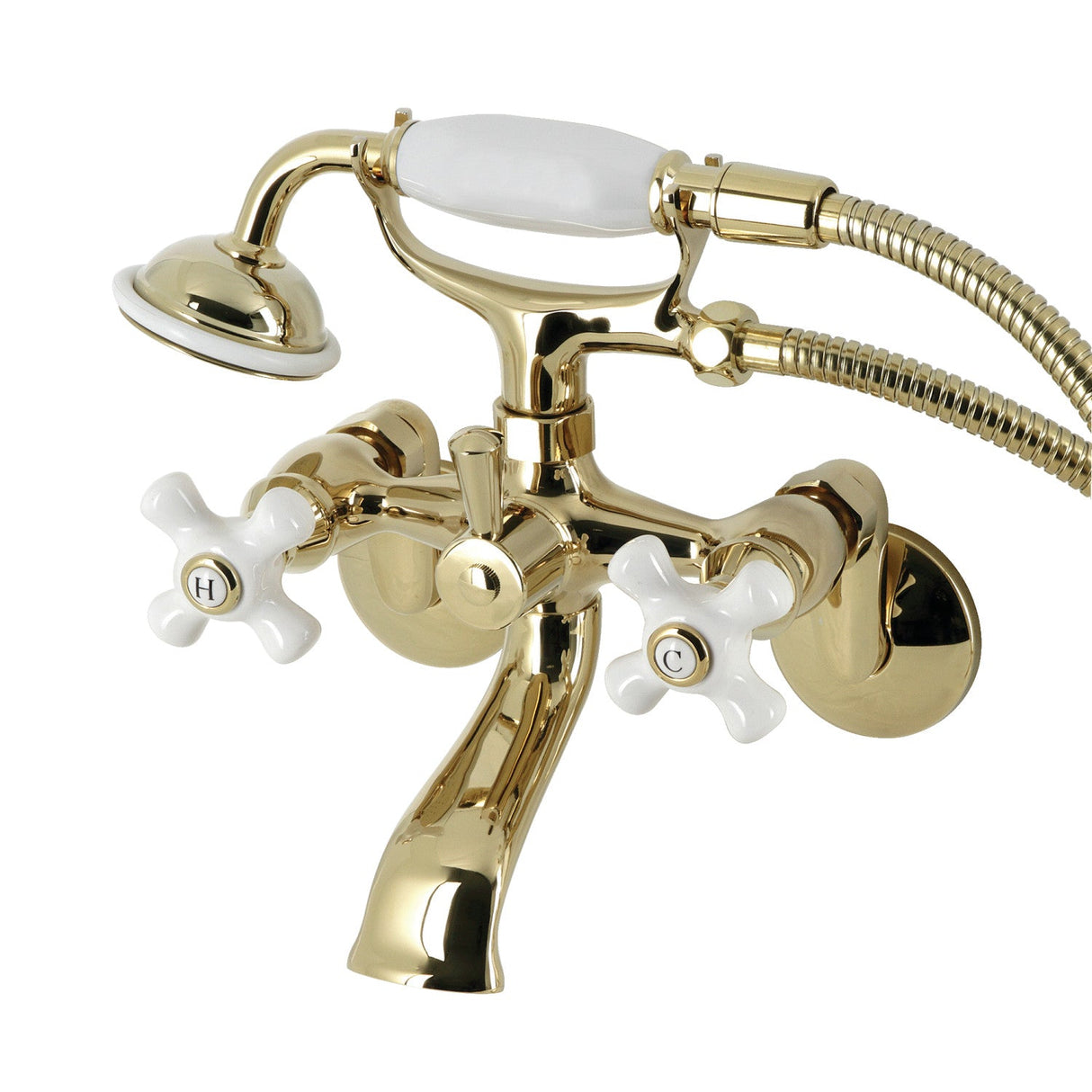 Kingston KS266PXPB Three-Handle 2-Hole Wall Mount Clawfoot Tub Faucet with Hand Shower, Polished Brass