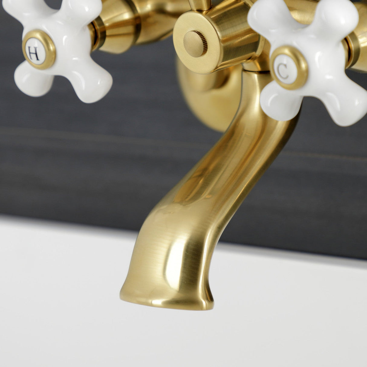 Kingston KS266PXSB Three-Handle 2-Hole Wall Mount Clawfoot Tub Faucet with Hand Shower, Brushed Brass