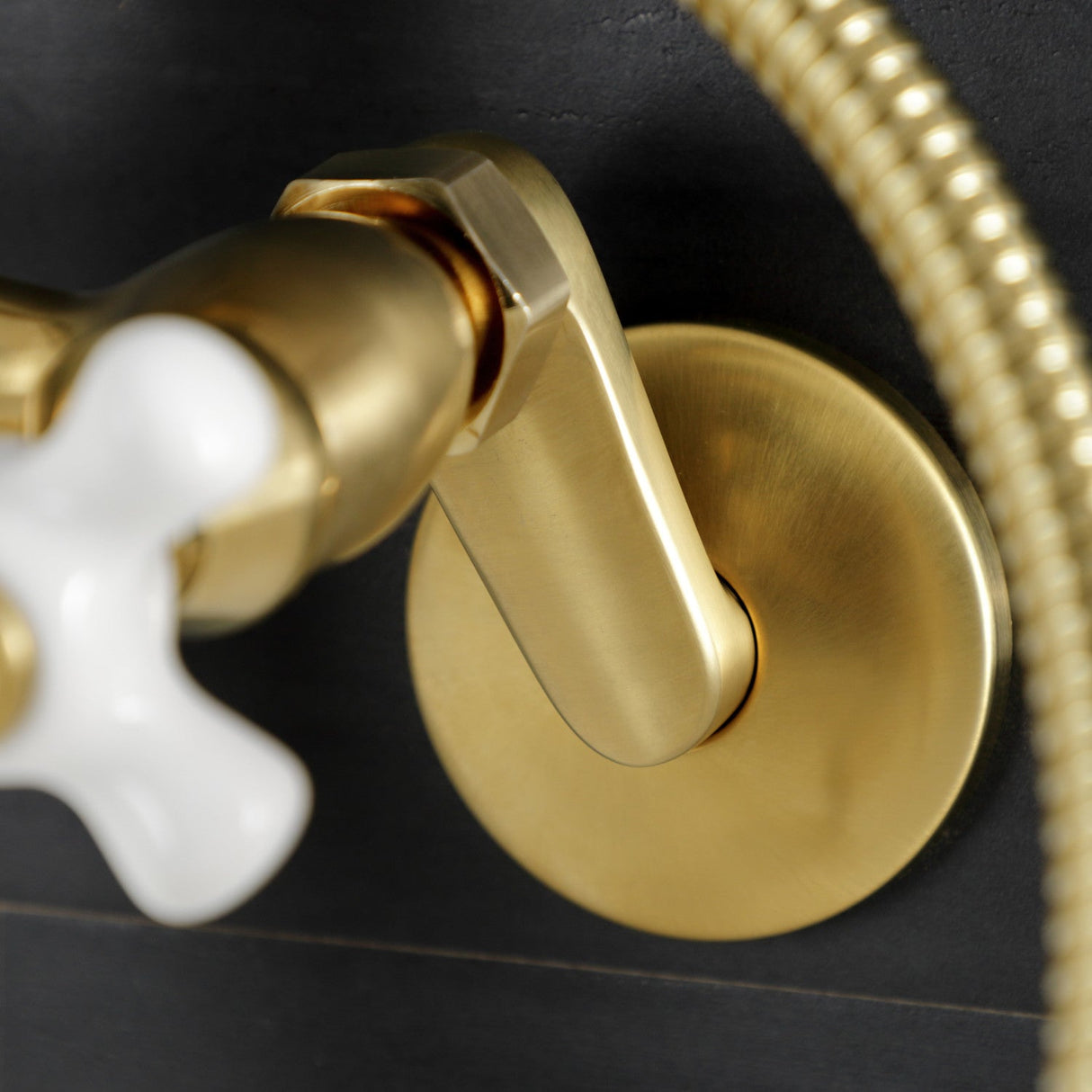 Kingston KS266PXSB Three-Handle 2-Hole Wall Mount Clawfoot Tub Faucet with Hand Shower, Brushed Brass