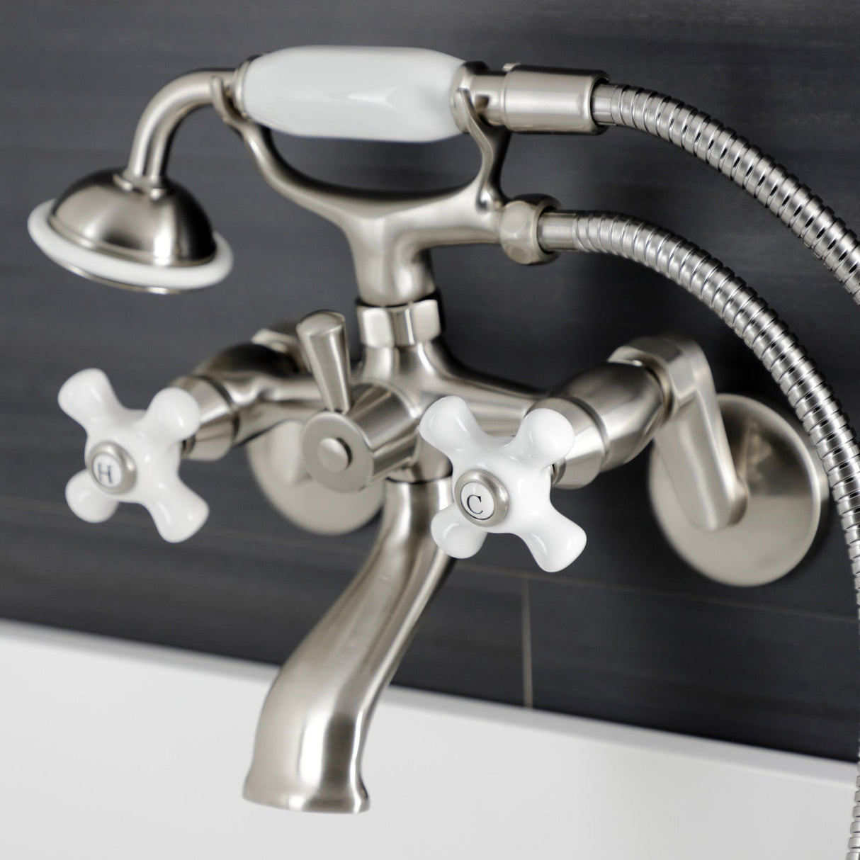 Kingston KS266PXSN Three-Handle 2-Hole Wall Mount Clawfoot Tub Faucet with Hand Shower, Brushed Nickel
