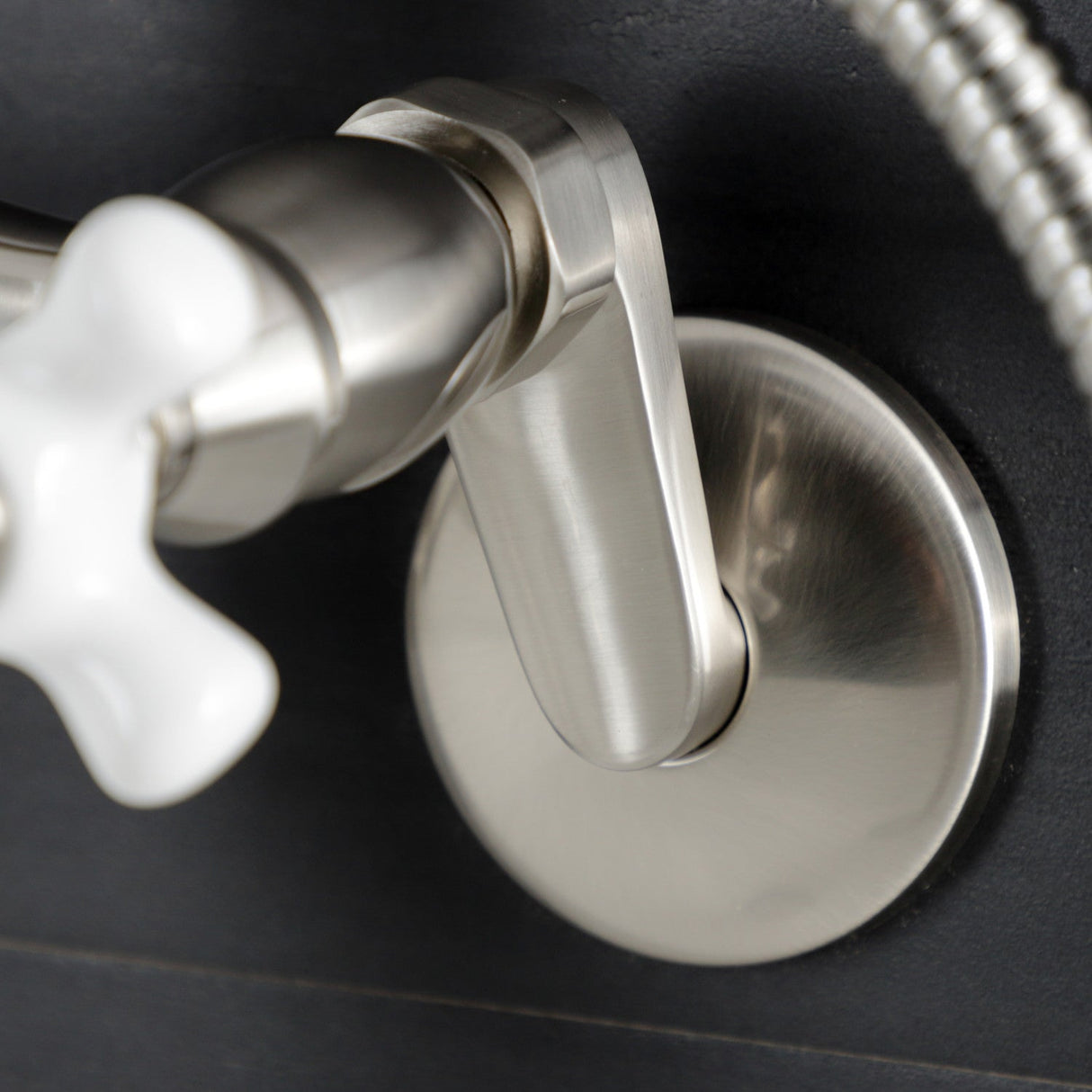 Kingston KS266PXSN Three-Handle 2-Hole Wall Mount Clawfoot Tub Faucet with Hand Shower, Brushed Nickel