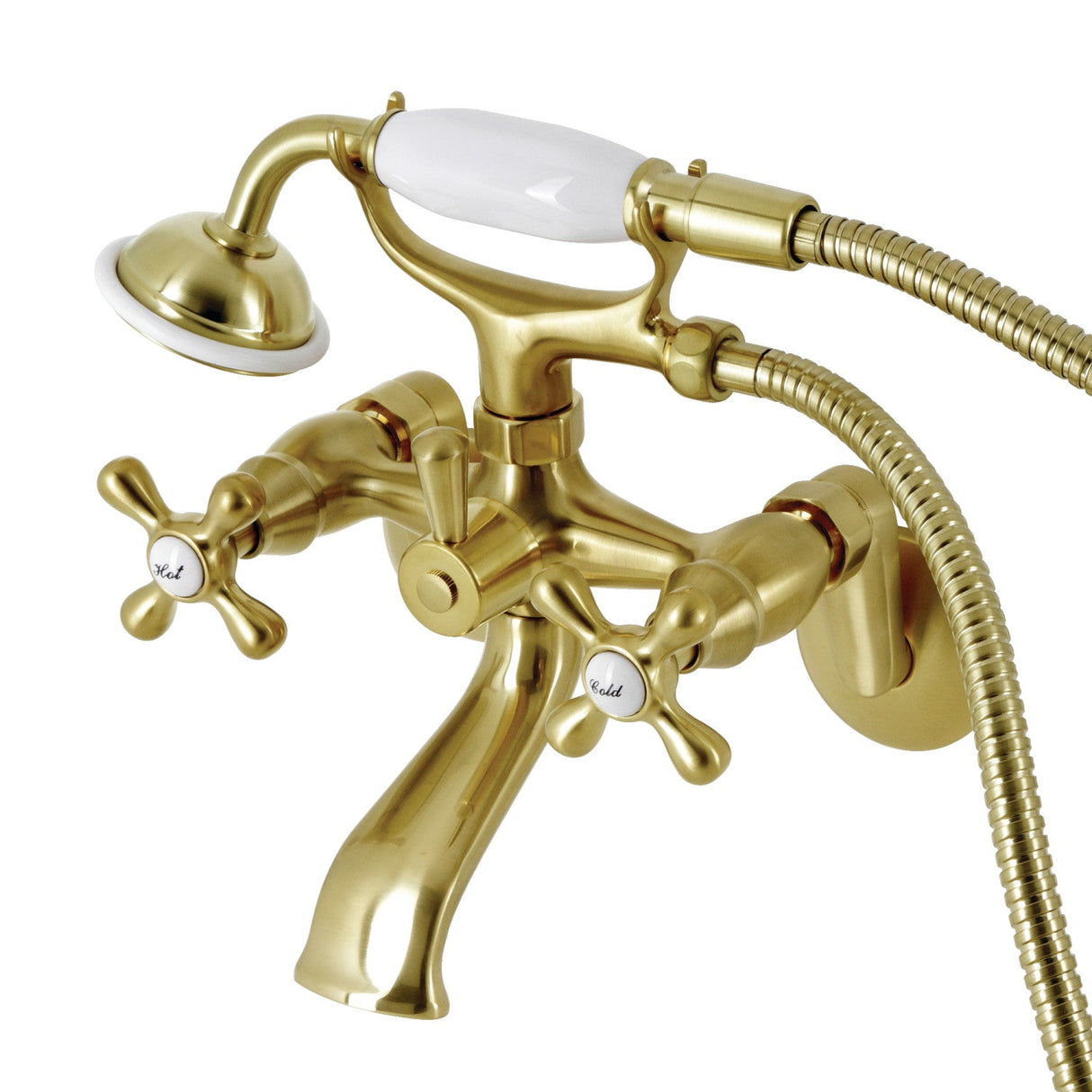 Kingston KS266SB Two-Handle 2-Hole Wall Mount Clawfoot Tub Faucet with Hand Shower, Brushed Brass