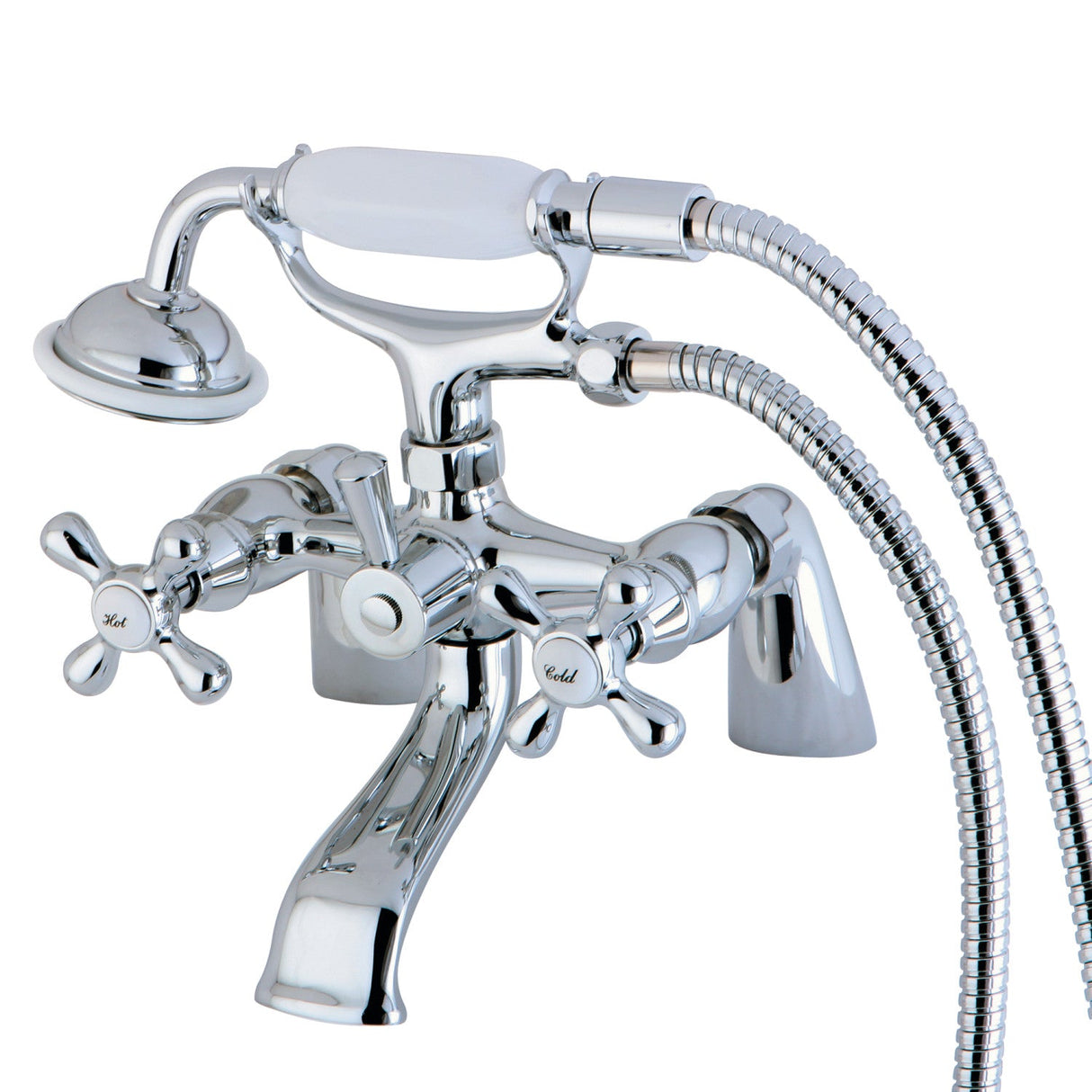 Kingston KS267C Three-Handle 2-Hole Deck Mount Clawfoot Tub Faucet with Hand Shower, Polished Chrome