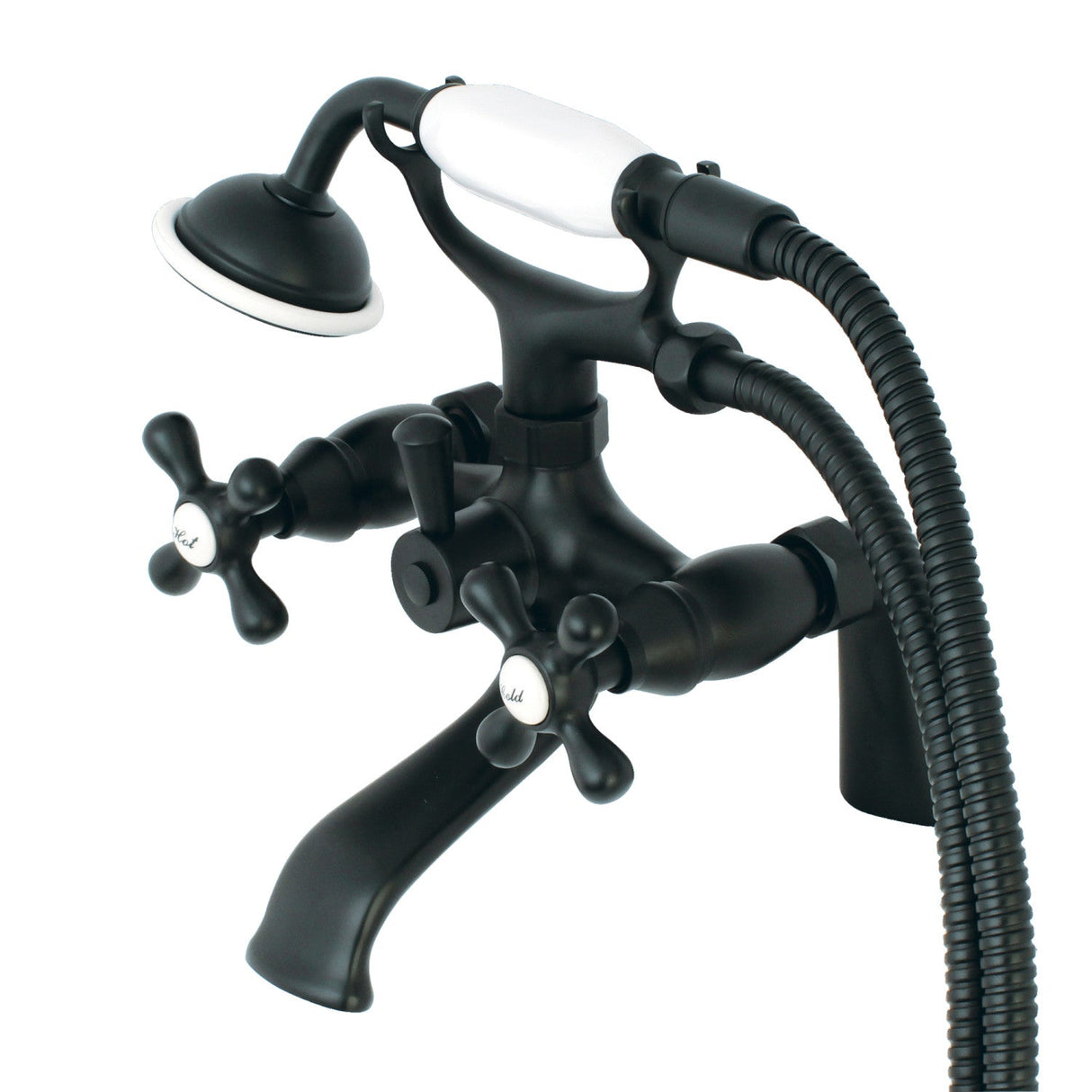 Kingston KS267MB Three-Handle 2-Hole Deck Mount Clawfoot Tub Faucet with Hand Shower, Matte Black